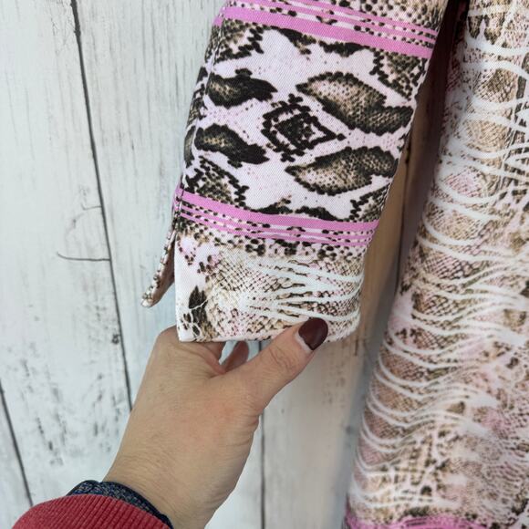 Etcetera Pink Snake Print 3/4 Sleeve Chain Neck Trench Dress Jacket Coat Size 12 - Picture 4 of 14